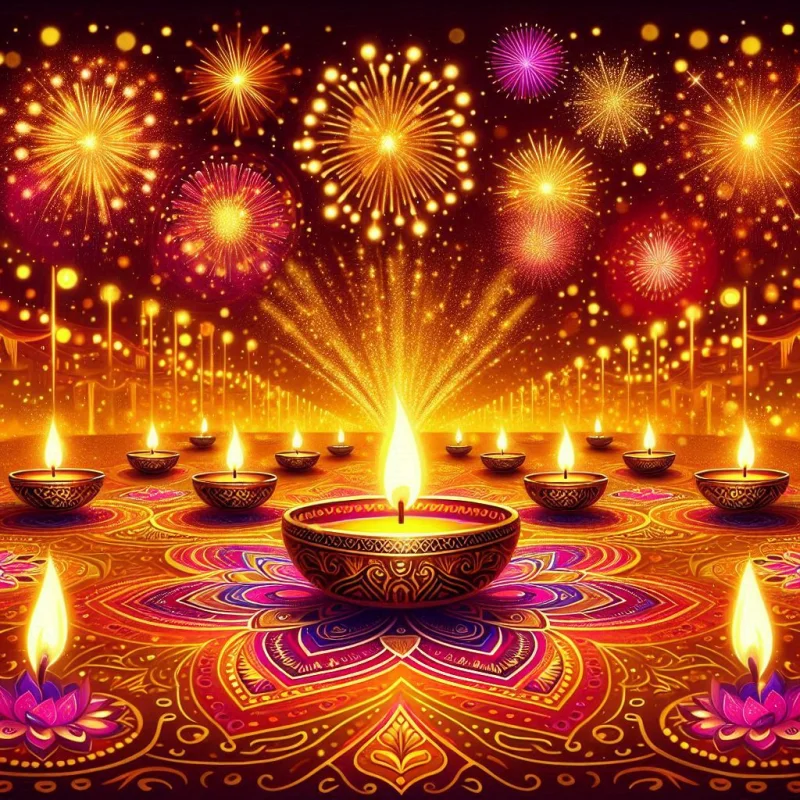 Diyas glowing beside fireworks over a rangoli pattern for Diwali