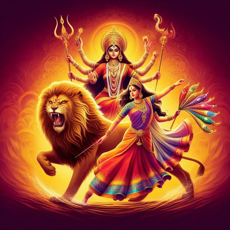 Illustration of Goddess Durga riding her lion for Durga Puja