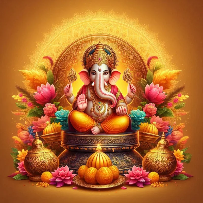 Illustration of Lord Ganesha seated among flowers, modaks and diyas for Ganesh Chaturthi
