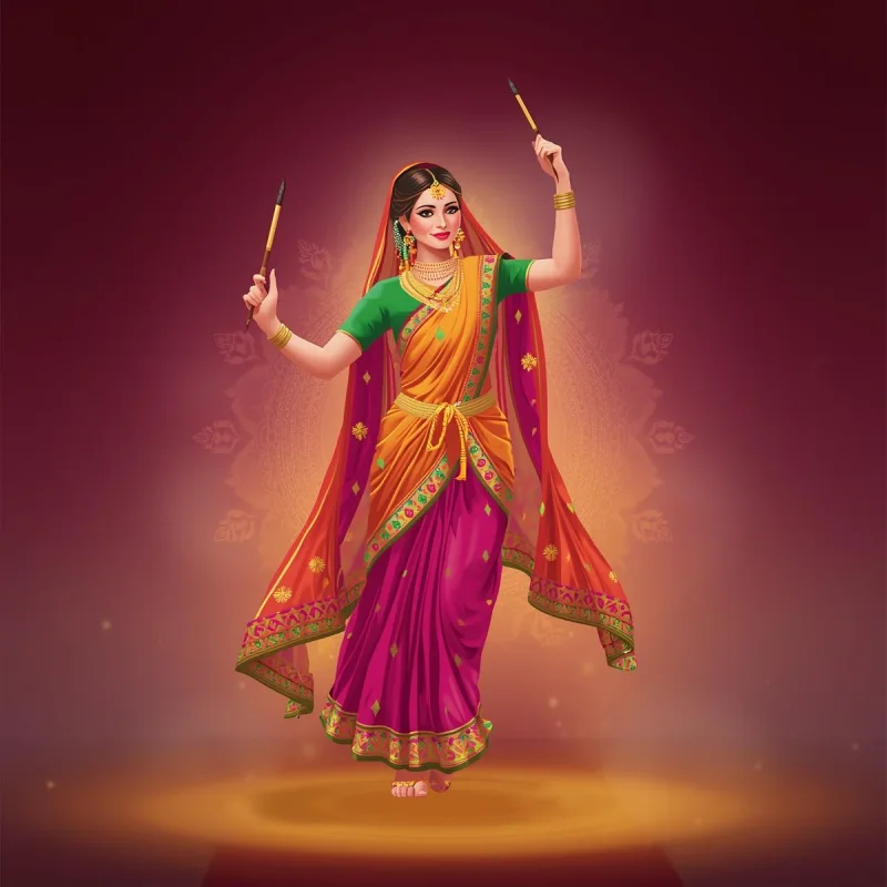 Illustration of a woman in traditional dress dancing with dandiya sticks for Navratri