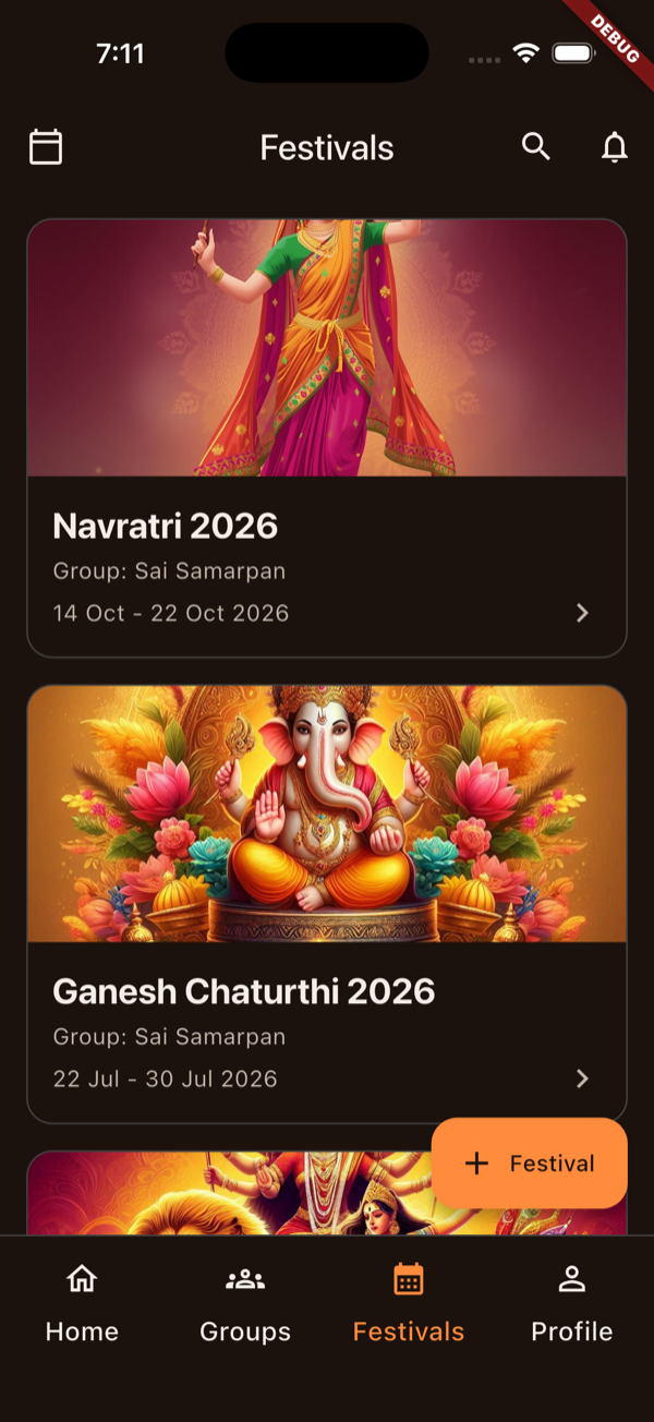 UtsavMitra Festivals feed showing Navratri, Ganesh Chaturthi and Durga Puja