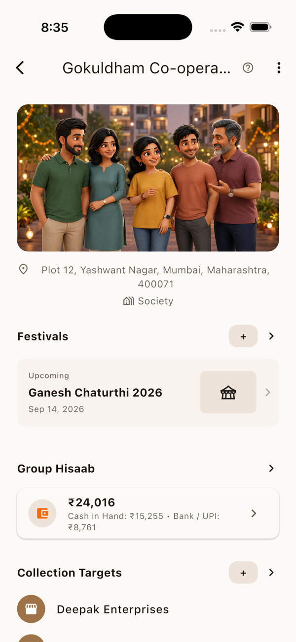 UtsavMitra group details for Gokuldham Co-operative Housing Society with festivals and group hisaab