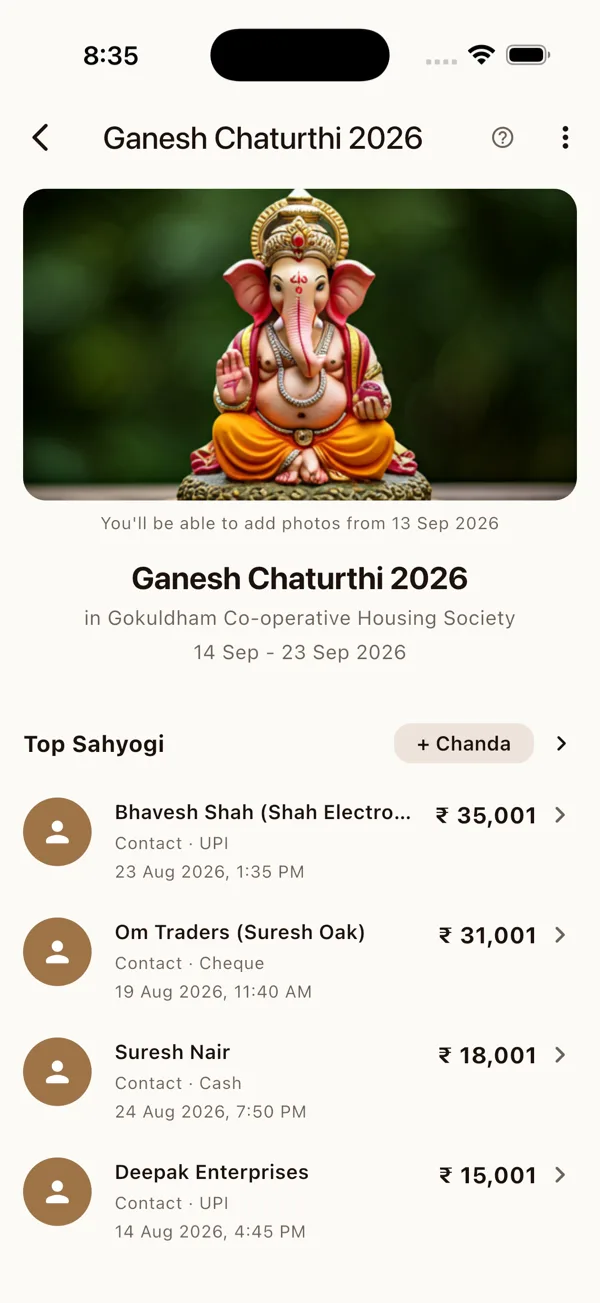 UtsavMitra festival dashboard for Ganesh Chaturthi 2026 with budget, collection targets and hisaab
