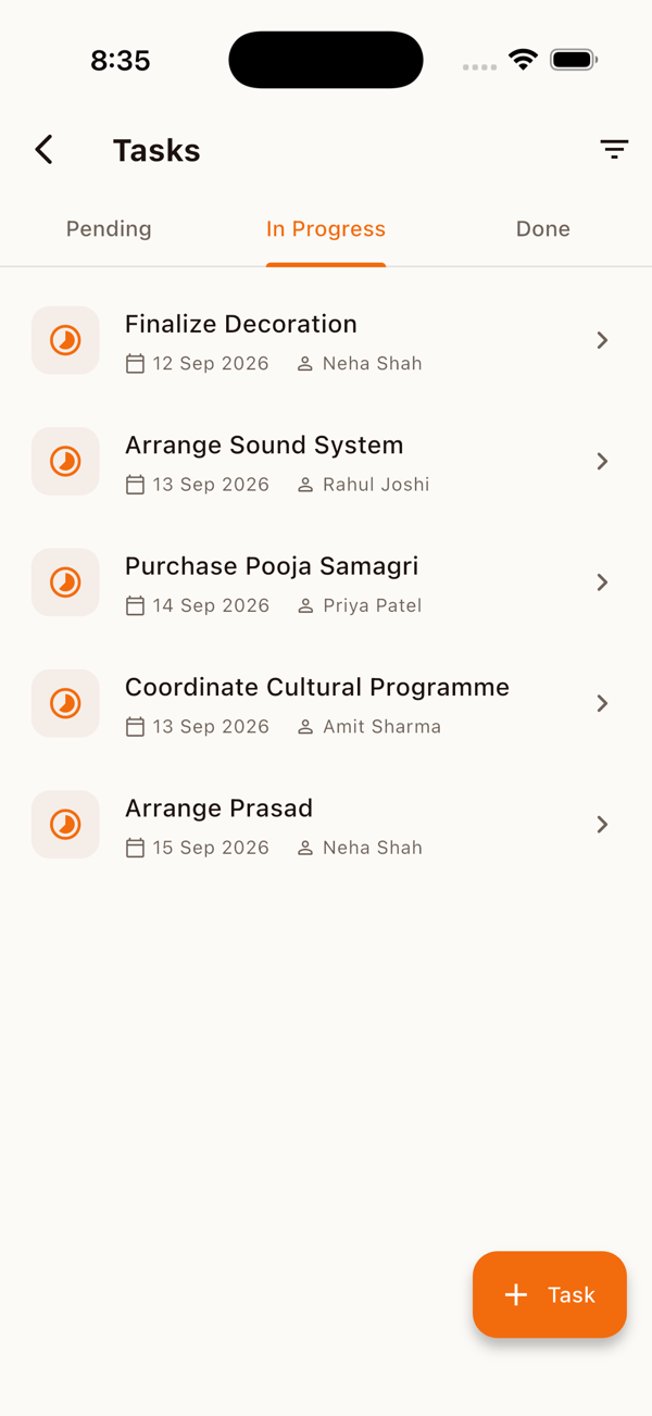 UtsavMitra tasks board with assignees and statuses