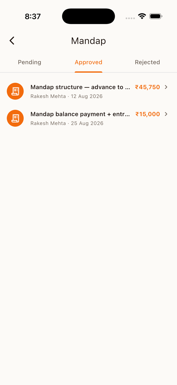 UtsavMitra expense entry with category and attached bill