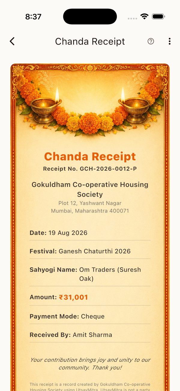 UtsavMitra chanda receipt generated for a member contribution