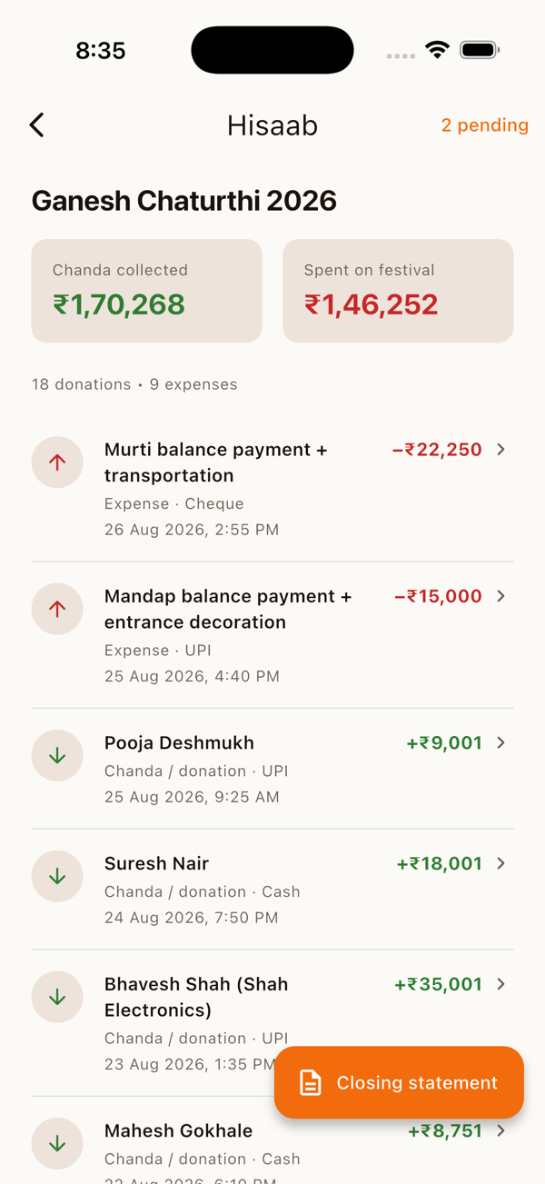 UtsavMitra hisaab ledger showing income and expenses