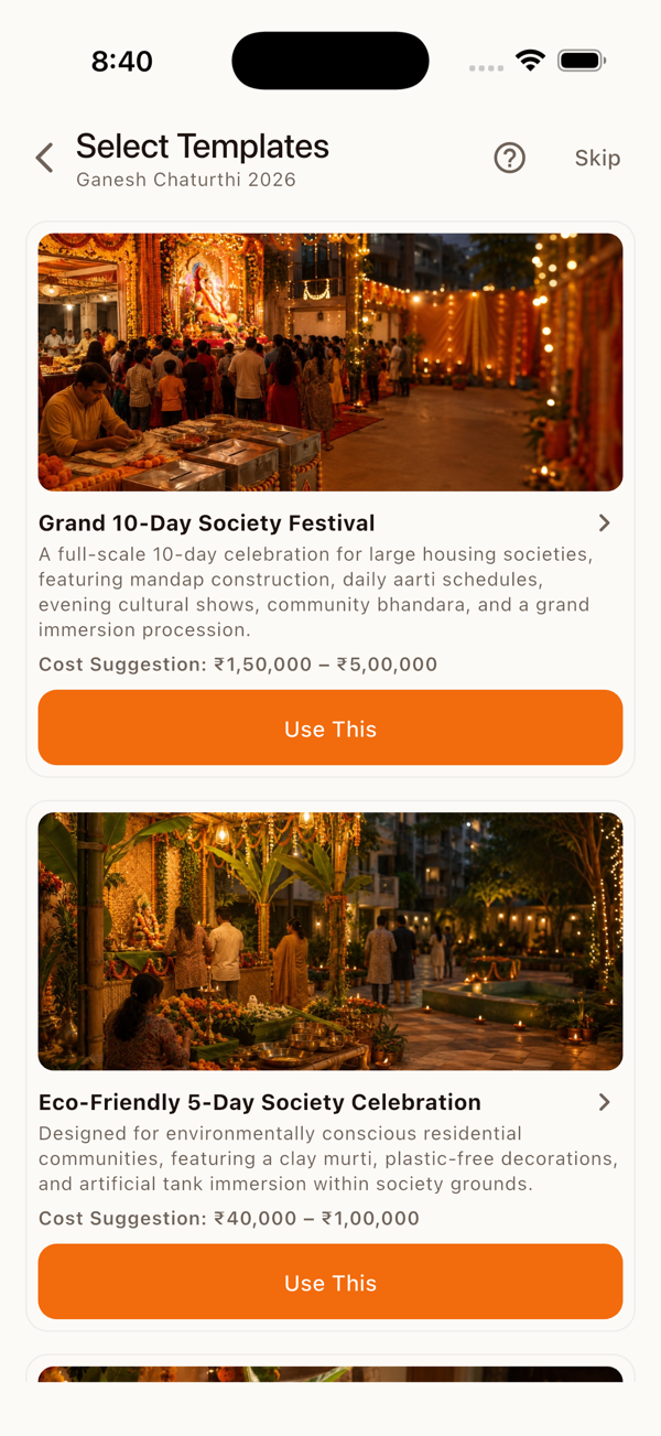UtsavMitra festival template picker with 30+ ready templates